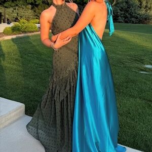 Halter tiered maxi dress with metallic textured pattern in dark green!